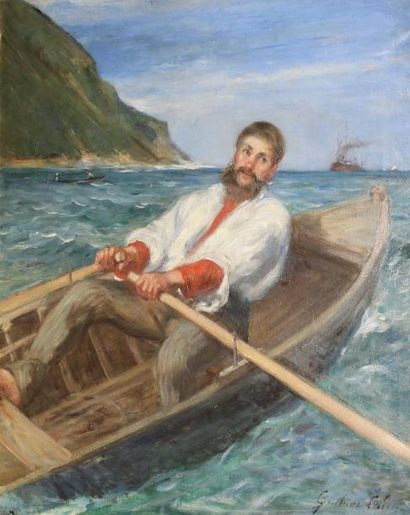 GUSTAVE HENRI COLLIN (1829 - 1919) Rameur dans la baie, région du Guipuzcoa, Pays-basque.
Huile...