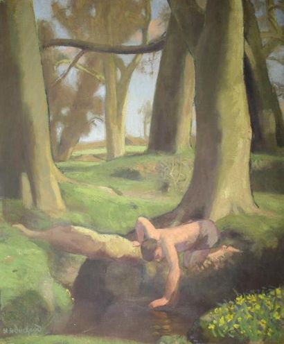 Etienne BOUCHAUD (1898 - 1989) Le jeune homme dans la forêt ou narcisse.
Huile sur...