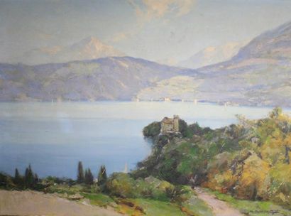 LÉON LAUNAY (1890 - c.1956) Lac d'Annecy.
Huile sur toile signée en bas à droite....