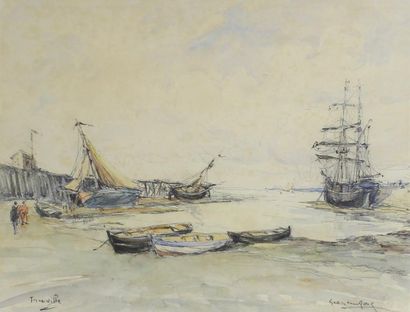 Georges ROSE (1895 - 1951) Le port de trouville à marée basse.
Aquarelle signée en...