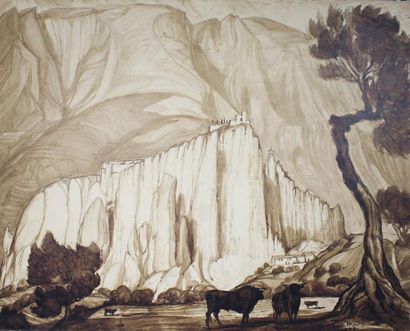 André MAIRE (1898 - 1984) Le grand rocher de Guadalest 1933.
Sépia, plume et lavis...