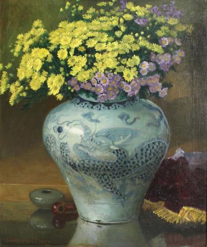 Duk-Soon PARK (1910 - 1990) Nature morte au vase chinois, 1978.
Huile sur toile,...