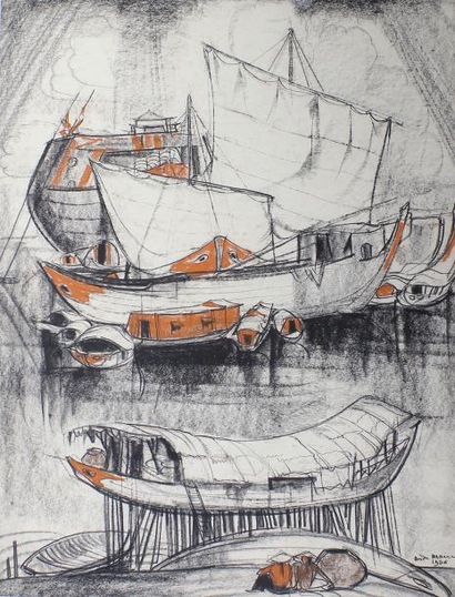 André MAIRE (1898 - 1984) Le village flottant.
Technique mixte sur papier signée,...
