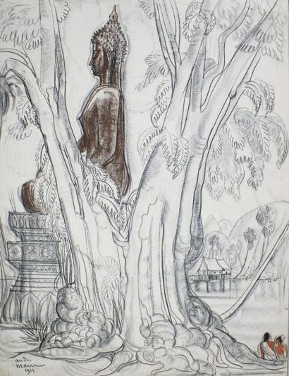 André MAIRE (1898 - 1984) Bouddha laotien au bord du Mékong. 1954
Fusain et sanguine...
