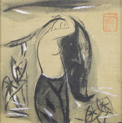 Ecole Vietnamienne xixe Femme asiatique à sa toilette.
Encre et gouache sur papier...