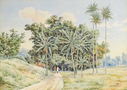 ECOLE VIETNAMIENNE du XXe siècle Promenade dans un paysage.
Aquarelle située en bas...