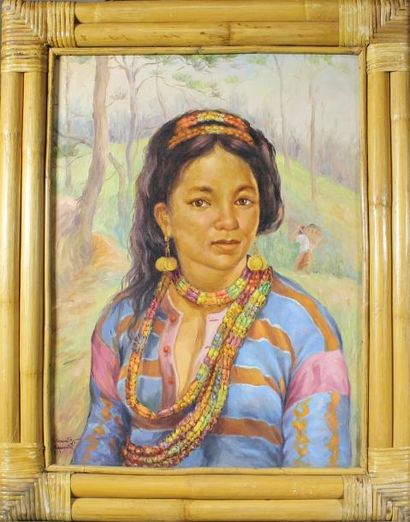 Ecole philippine du xxe siècle Paire de portraits de jeunes filles.
Huiles sur panneau....