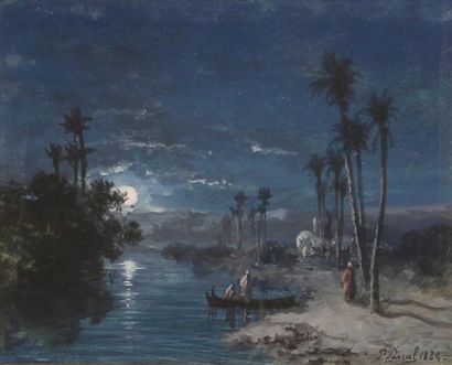 Paul B. PASCAL (1832 - 1903) Oued au clair de lune, 1884.
Gouache signée et datée...