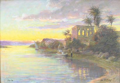 Edouard GELHAY (1856-1939) Coucher de soleil sur le temple de Philae.
Pastel signé...