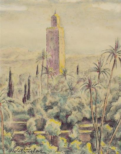 Olek TESLAR (1900 - 1952) La Koutoubia de Marrakech.
Technique mixte signée en bas...