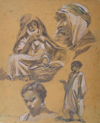 Gaston BLONDEAU (1886- 1979) Etudes de personnages.
Quatre aquarelles signées.
Vue...