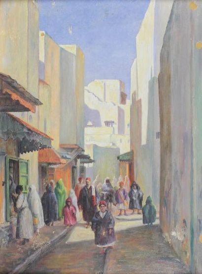 Orens DENIZARD (1879 - ?) Dans les rues de Rabat, mars 1915.
Huile sur carton fort...