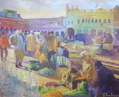 Patrice LANDAUER (né en 1965) Scène de marché au Maroc.
Huile sur toile signée en...