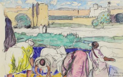 JEAN BOUCHAUD (1891 - 1977) Les laveuses à Fez, 1920.
Aquarelle signée en bas à droite...