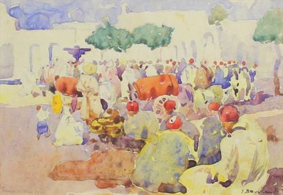 JEAN BOUCHAUD (1891 - 1977) Scène de marché à Tunis, 1919.
Aquarelle signée en bas...