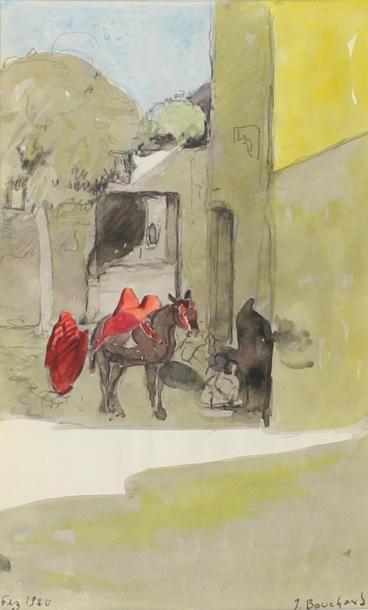 JEAN BOUCHAUD (1891 - 1977) Repos des guerriers à l'ombre, Fez 1960.
Aquarelle signée...