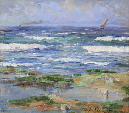 Thalia FLORIA-CARAVIA (1871 - 1960) Plage de Ramleh, Alexandrie.
Huile sur toile...