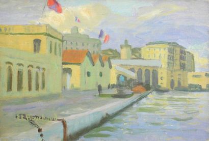 Etienne BOUCHAUD (1898 - 1989) Le port d'Alger pavoisé.
Huile sur toile signée en...