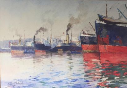 Gilbert GALLAND (1870 - 1956) Relachacheurs dans le port d'Alger.
Aquarelle signée...