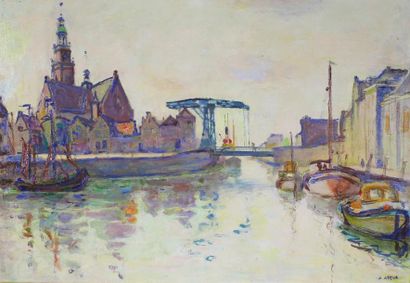 Armand ASSUS (1892 - 1977) Vue de Rotterdam.
Huile sur toile signée en bas à droite....