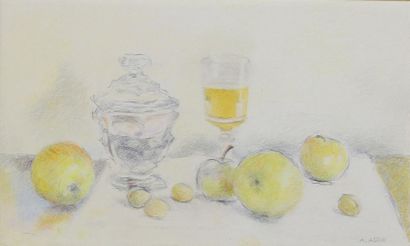 Armand ASSUS (1892 - 1977) Nature morte aux pommes.
Dessin aux crayons de couleurs...