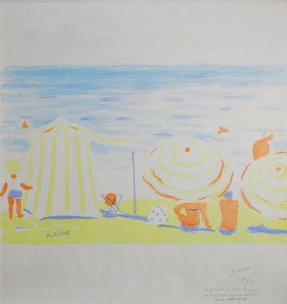 Armand ASSUS (1892 - 1977) Sur la plage à Cannes 1964.
Lithographie en couleur signée...