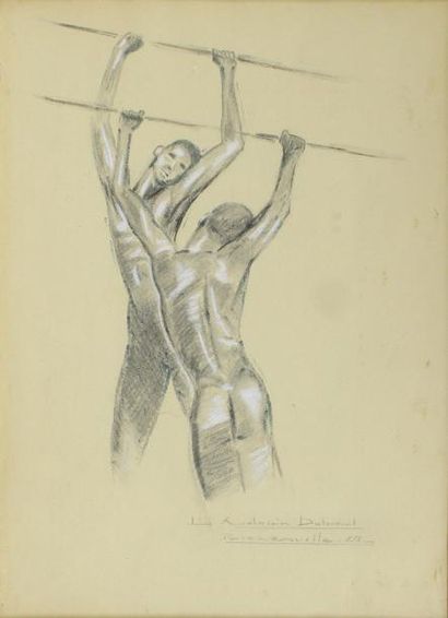 LOUIS AUDOUIN DUBREUIL (XXe siècle) Les lanceurs de javelot.
Fusain réhaussé de blanc....