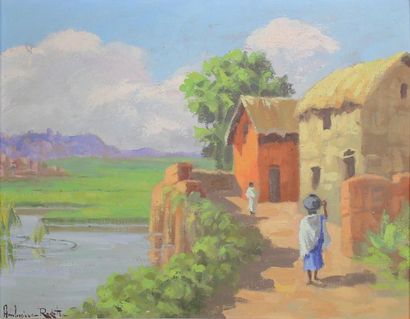 Ambroise RAKOTO (XXe siècle) Le village à Madagascar.
Huile sur toile signée en bas...