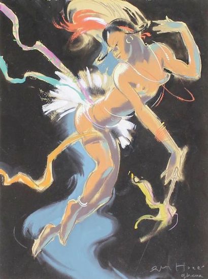 Guy HUZE (1912 - 1997) Danseuse ghanéenne.
Dessin à l'encre de Chine, pastel et gouache...