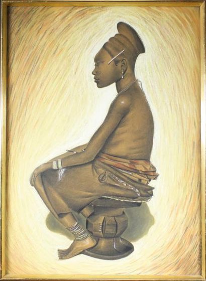 R. PIERREUX Femme Mangbetou assise sur un tabouret.
Dessin à l'estampe et au pastel...