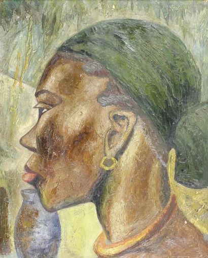 Jos VAN LANCKER (1908 - 1987) Portrait d'Africaine.
Huile sur carton signée en bas...