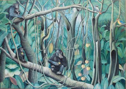 BÉRET (Abangwa babucwe dit) né en 1968 La jungle.
Importante huile sur toile signée...