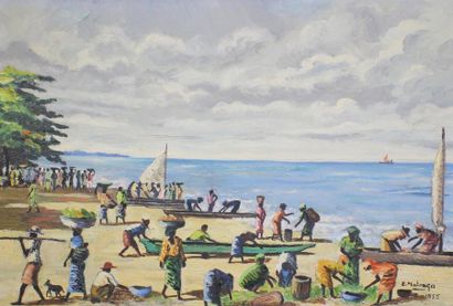 Eugène MALONGA (1930 - 2005) Scène de plage.
Huile sur toile signée et datée 1955...