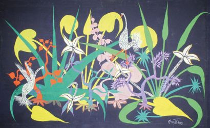 Marcel GOTENE (1939 - 2013) Composition aux fleurs et aux animaux.
Tempera sur toile...