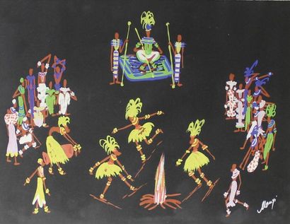 MONGI (?) fête royale Gouache signée en bas à droite. 25 x 32,5 cm