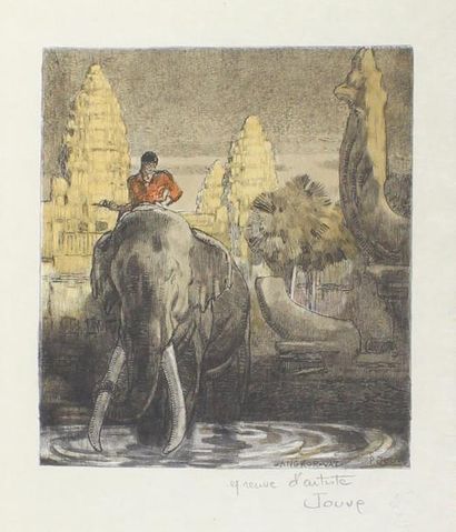 Paul JOUVE (1873 - 1978) Éléphant devant le temple d'Angkor.
Lithographie originale...