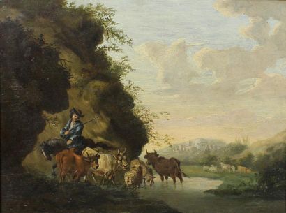 ECOLE HOLLANDAISE DU XVLLLE SIÈCLE Le vacher.
Huile sur panneau.
28 x 37 cm