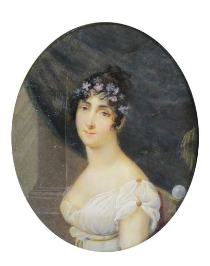 ÉCOLE début XIXe siècle Portrait de femme à la couronne de fleurs.
Miniature sur...