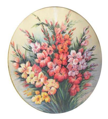 Madeleine RENAUD (XXe siècle) Bouquet de glaïeuls.
Aquarelle à vue ovale. signée.
80...