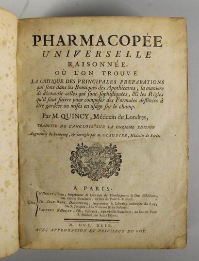 QUINCY Pharmacopée universelle. Paris, d'Houry, 1749 In-4, reliure de l'époque r...