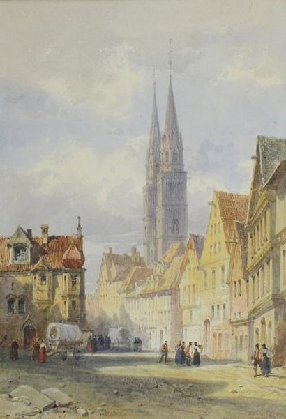 Justin Pierre OUVRIÉ (1806 - 1879) Vue animée, cathédrale.
Aquarelle signée en bas...