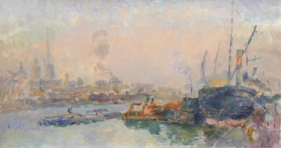 Albert Marie LEBOURG (1849 - 1928) Sur la Seine à Rouen.
Huile sur toile signée en...