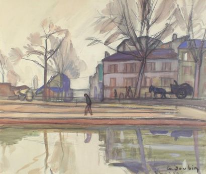 GEORGES JOUBIN (1888 - 1983) Le canal à Saint-Denis.
Fusain réhaussé d'aquarelle...