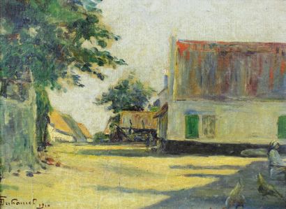 GEORGES DUHAMEL (XXE SIÈCLE) Cour de ferme, 1910.
Huile sur toile marouflée sur carton...
