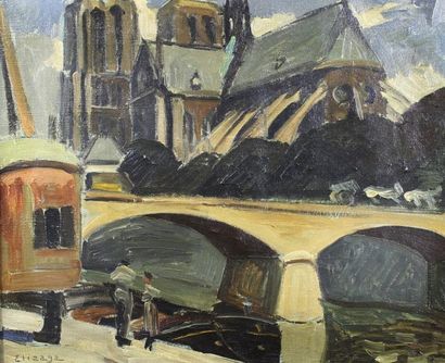 Hélène ELIZAGA (1896 - 1981) Vue de Notre-Dame de Paris.
Huile sur toile signée en...