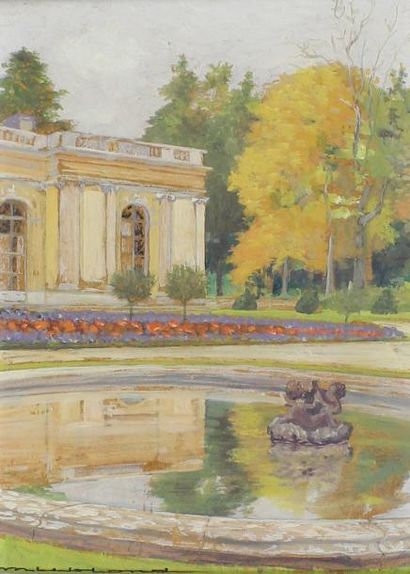 École du XXe siècle Vue du petit Trianon.
Gouache sur isorel signé en bas à gauche.
19...