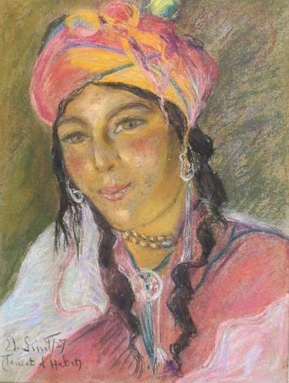 ETIENNE ALPHONSE DINET (1861 - 1929) (ENTROURAGE DE) L'algérienne à la coiffe colorée.
Pastel...