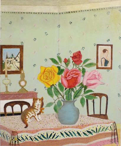 MARTIN AUBERT (XXE SIÈCLE) Intérieur au chat et au bouquet de roses.
Bois gravé et...