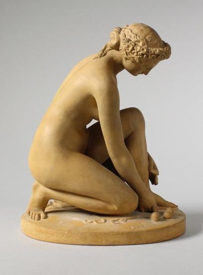 JAMES PRADIER (1790 - 1852) (D'APRÈS) Jeune femme à la sandale.
Terre cuite.
Haut.:...