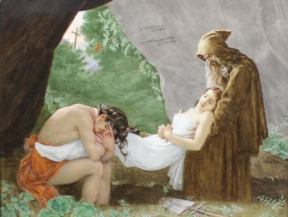 GIRODET (d'après) L'enterrement d'Atala.
Peinture sur porcelaine époque XIXe.
20,5...